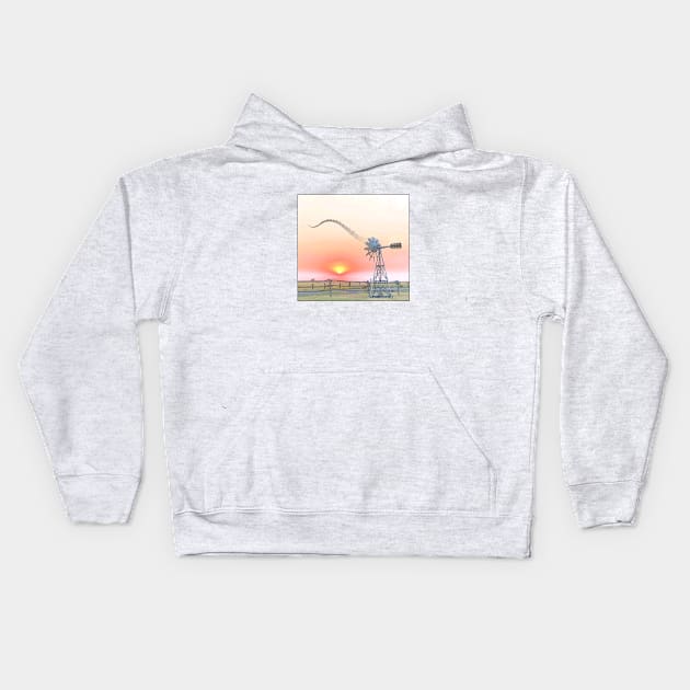 Farm Scene at Sunset with Windmill Playing Guitar Kids Hoodie by numpdog